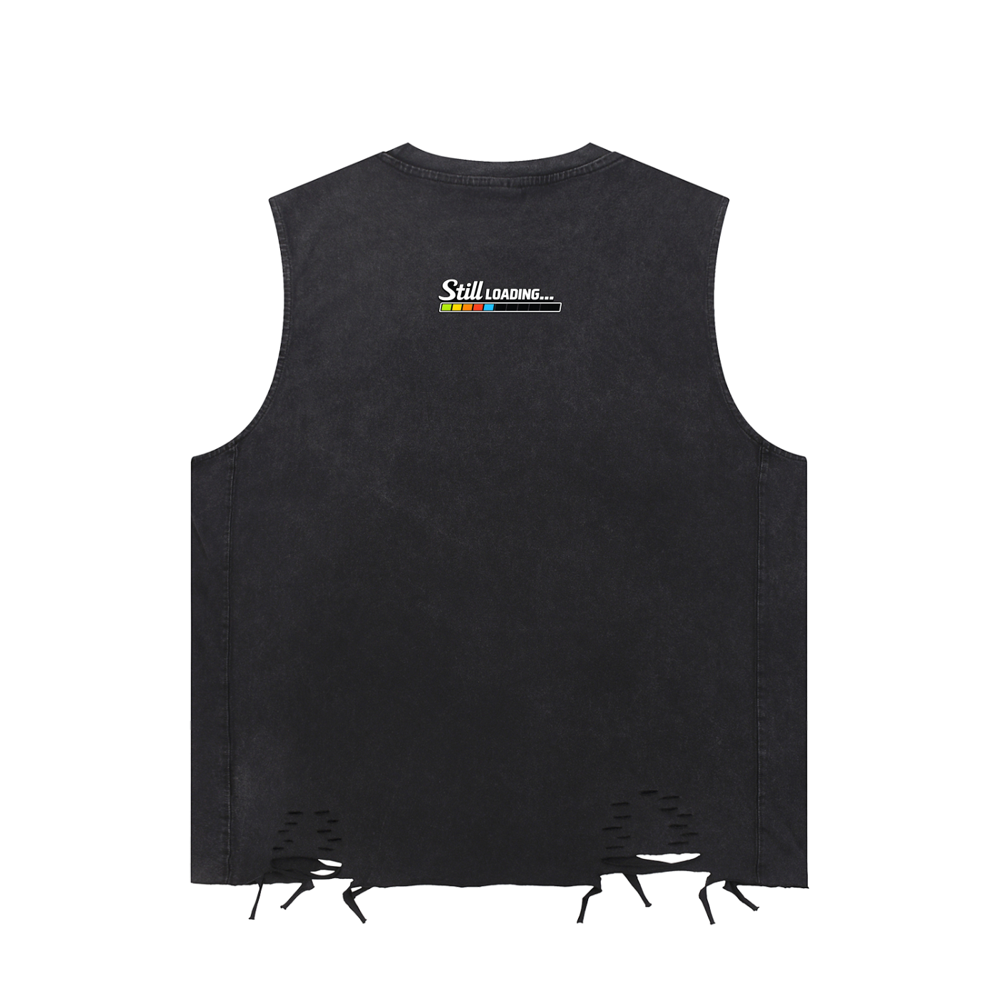 Black sleeveless vest with 'Still Loading...' graphic on a white background