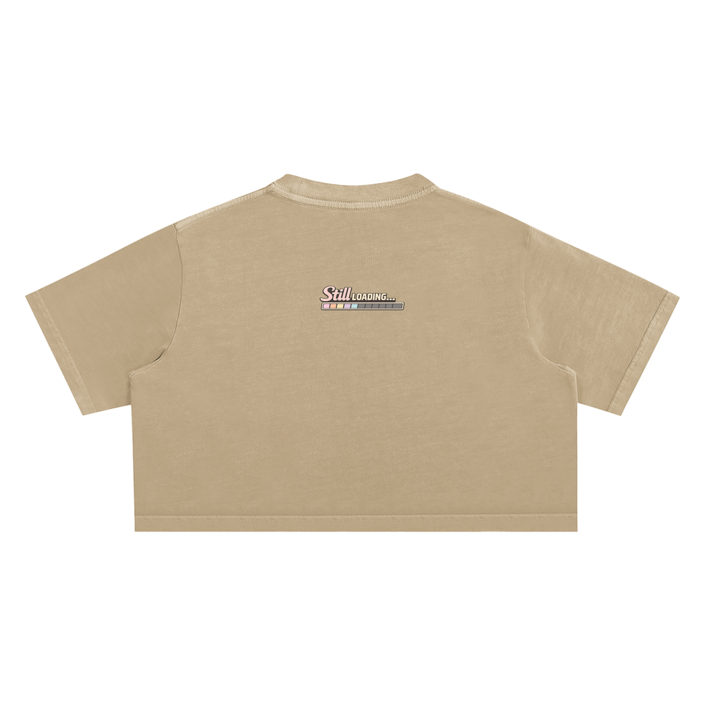 Beige t-shirt with a logo on the back against a white background