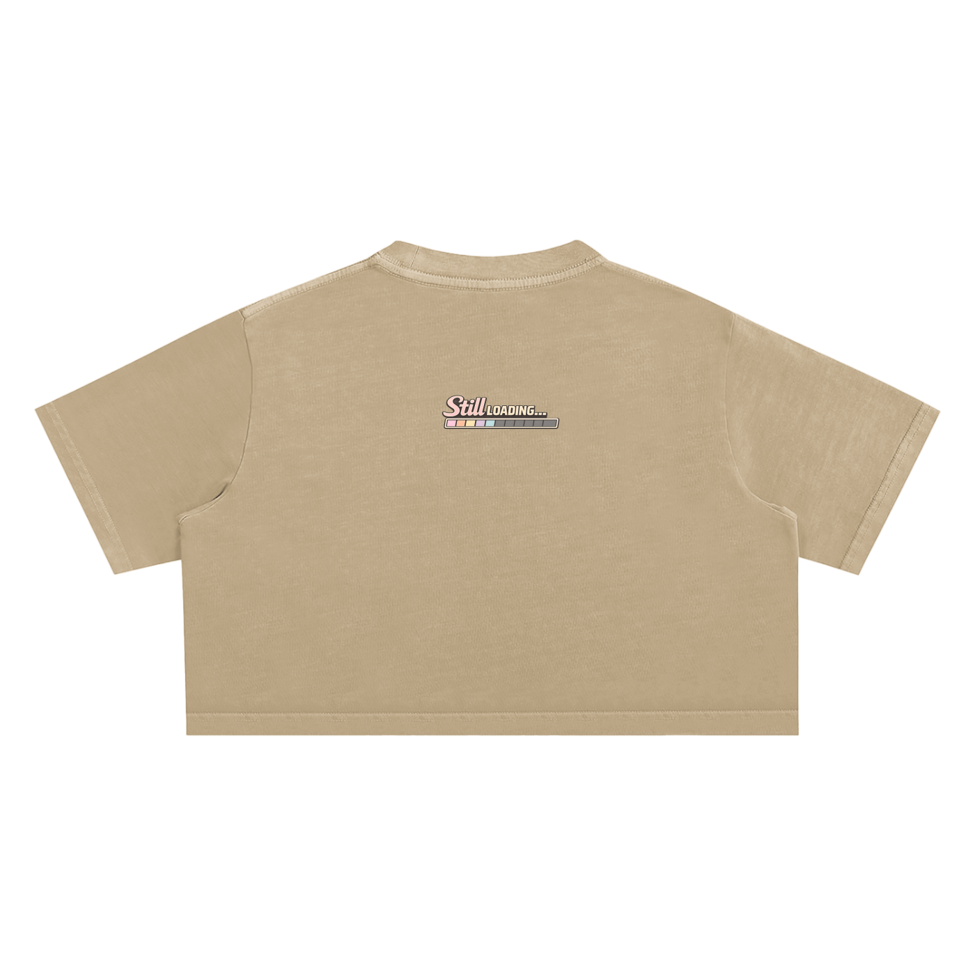 Beige t-shirt with a logo on the back against a white background