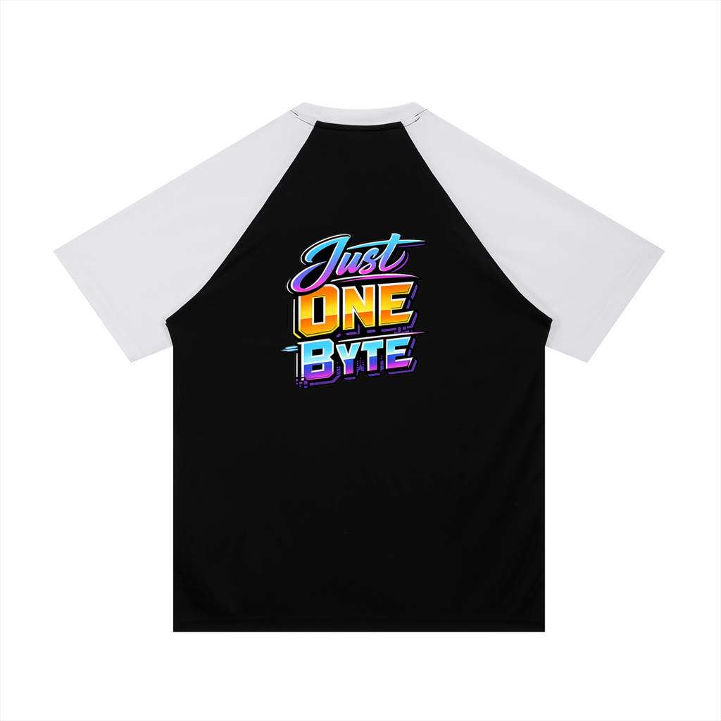 Black and white baseball shirt with 'Just One Byte' text on a white background