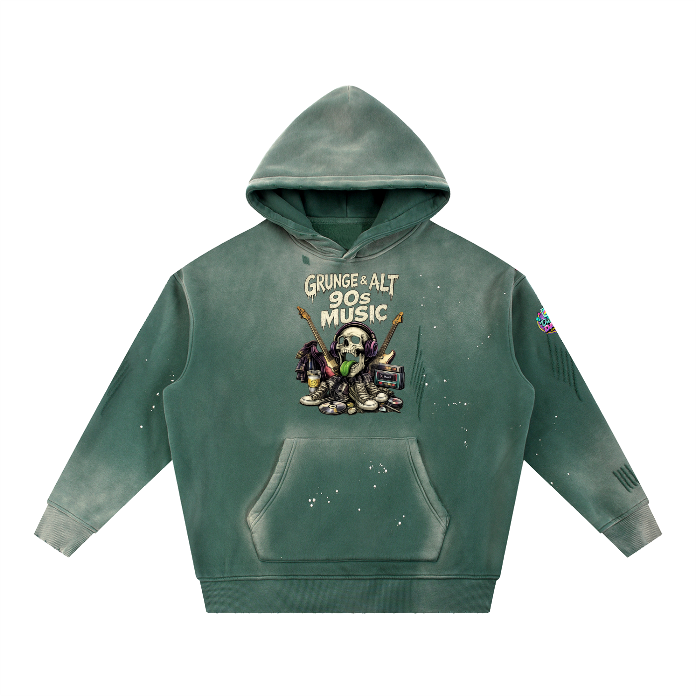 Green hoodie with graphic design and text on a white background