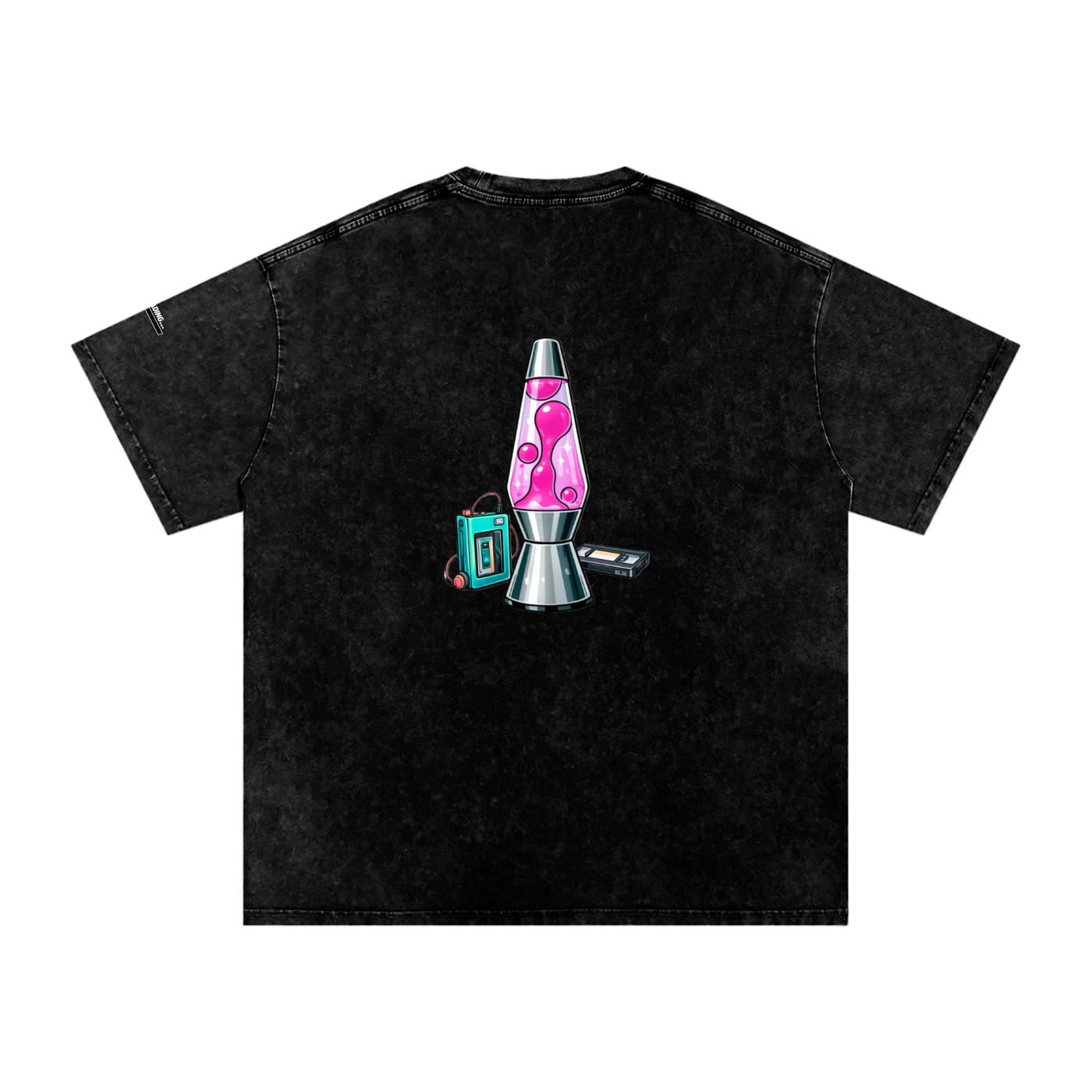 Black t-shirt with a pink lava lamp graphic on a white background