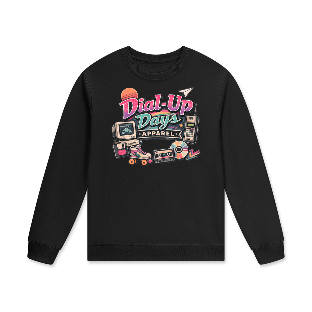 Black sweatshirt with 'Dial-Up Days Apparel' graphic on a white background