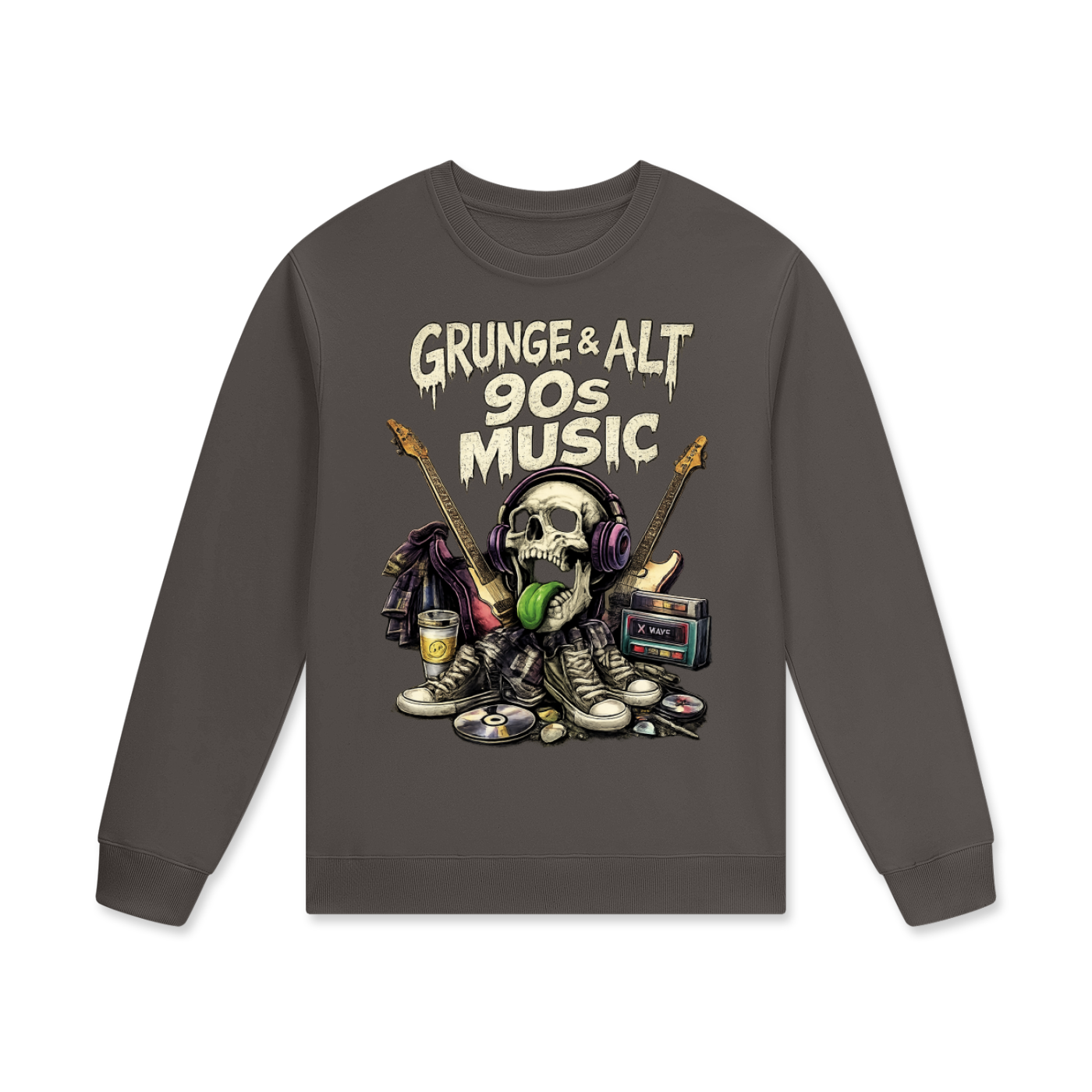 Gray sweatshirt with a graphic design of a skull, guitars, and text 'Grunge & Alt 90s Music' on a white background.