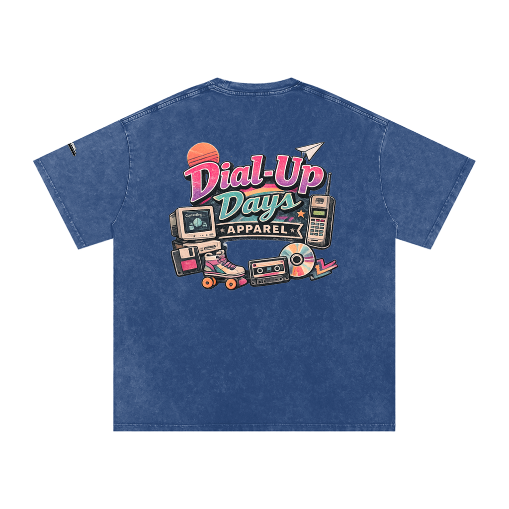 Blue t-shirt with 'Dial-Up Days Apparel' graphic on a white background