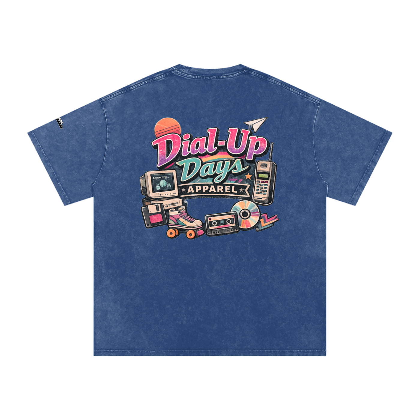 Blue t-shirt with 'Dial-Up Days Apparel' graphic on a white background