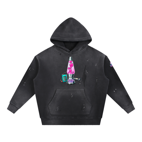 Black hoodie with a graphic of a lava lamp on a white background
