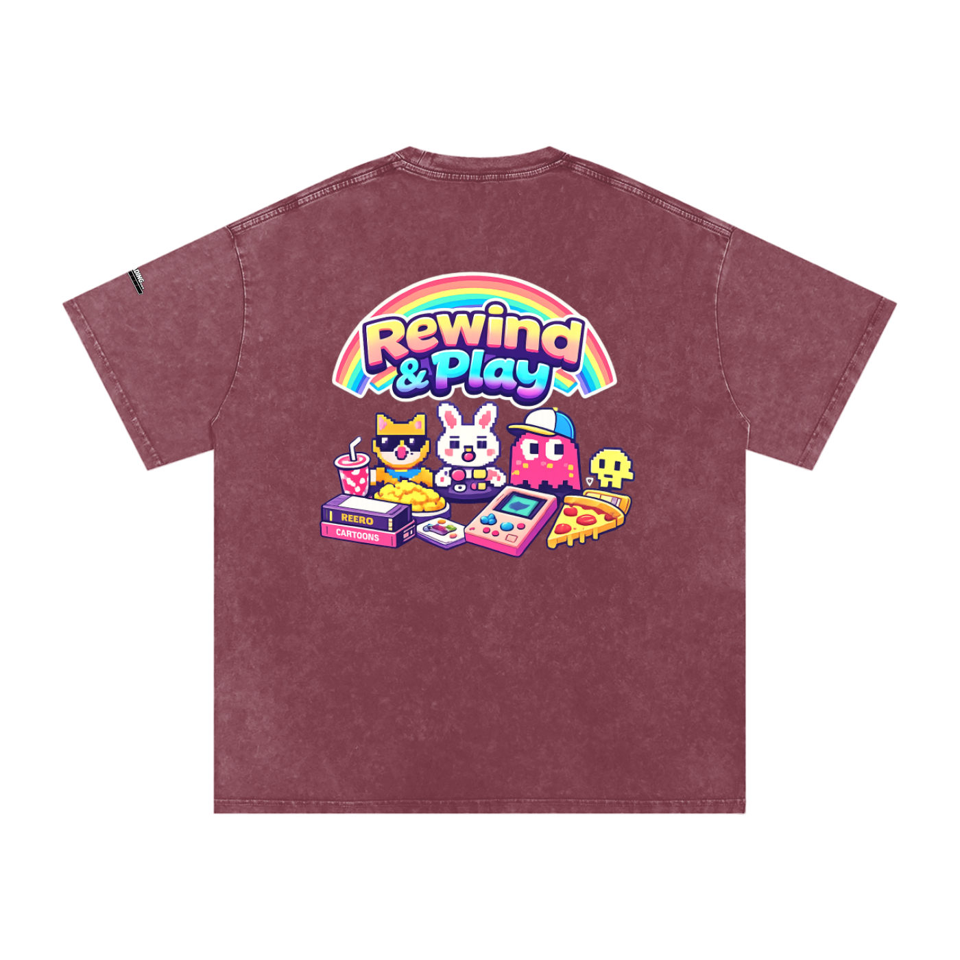 Maroon t-shirt with 'Rewind & Play' graphic on a white background
