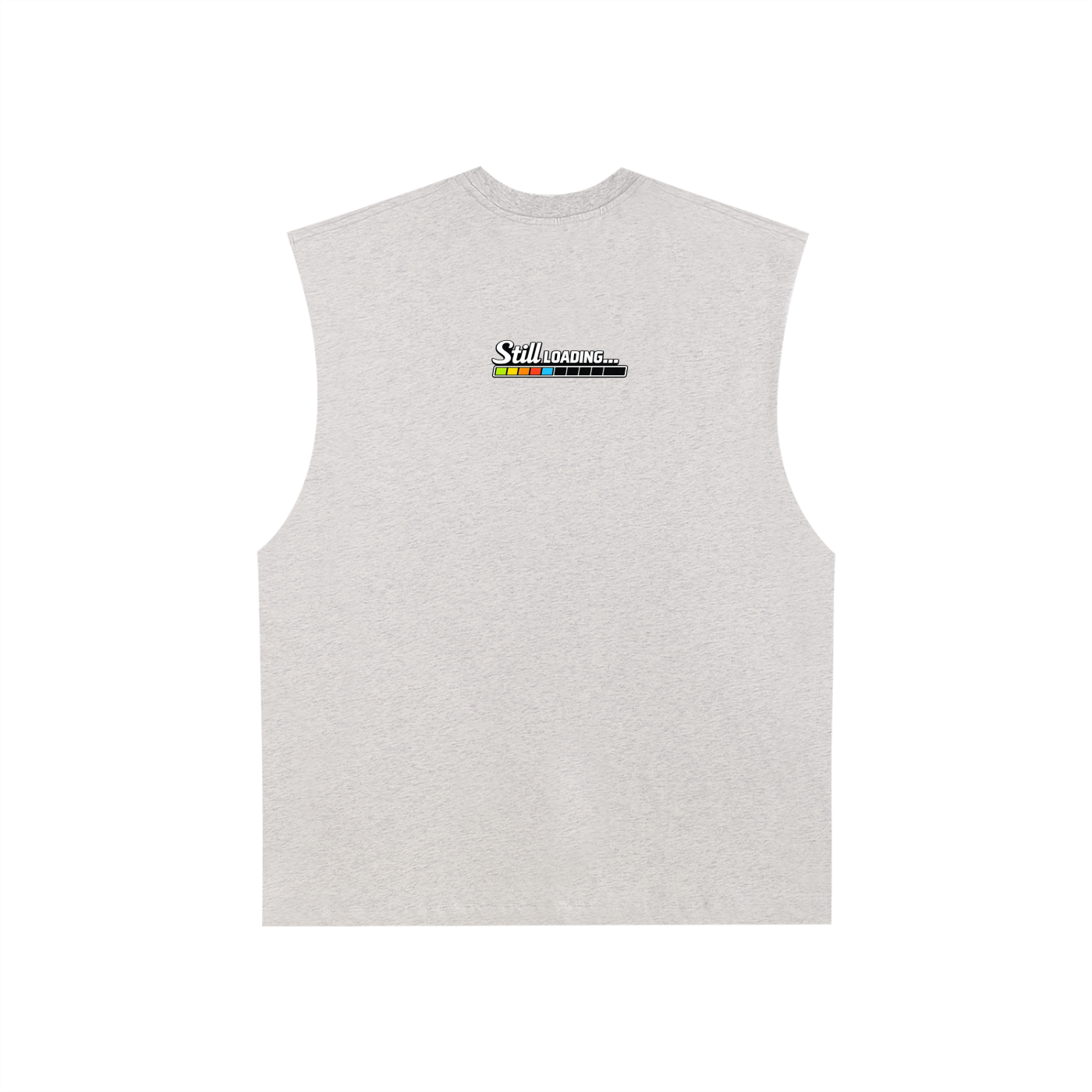 Gray sleeveless shirt with a logo on the back against a white background