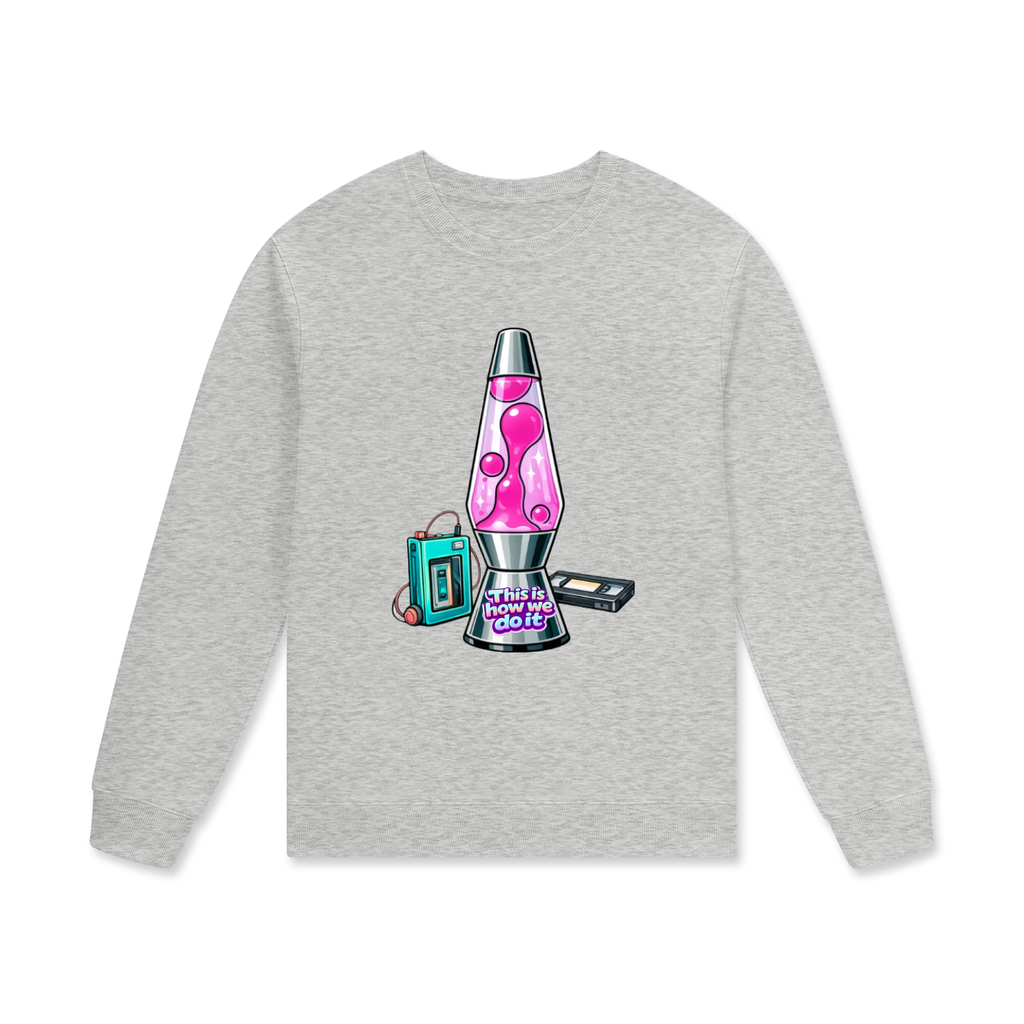 Gray sweatshirt with a colorful lava lamp graphic on a white background