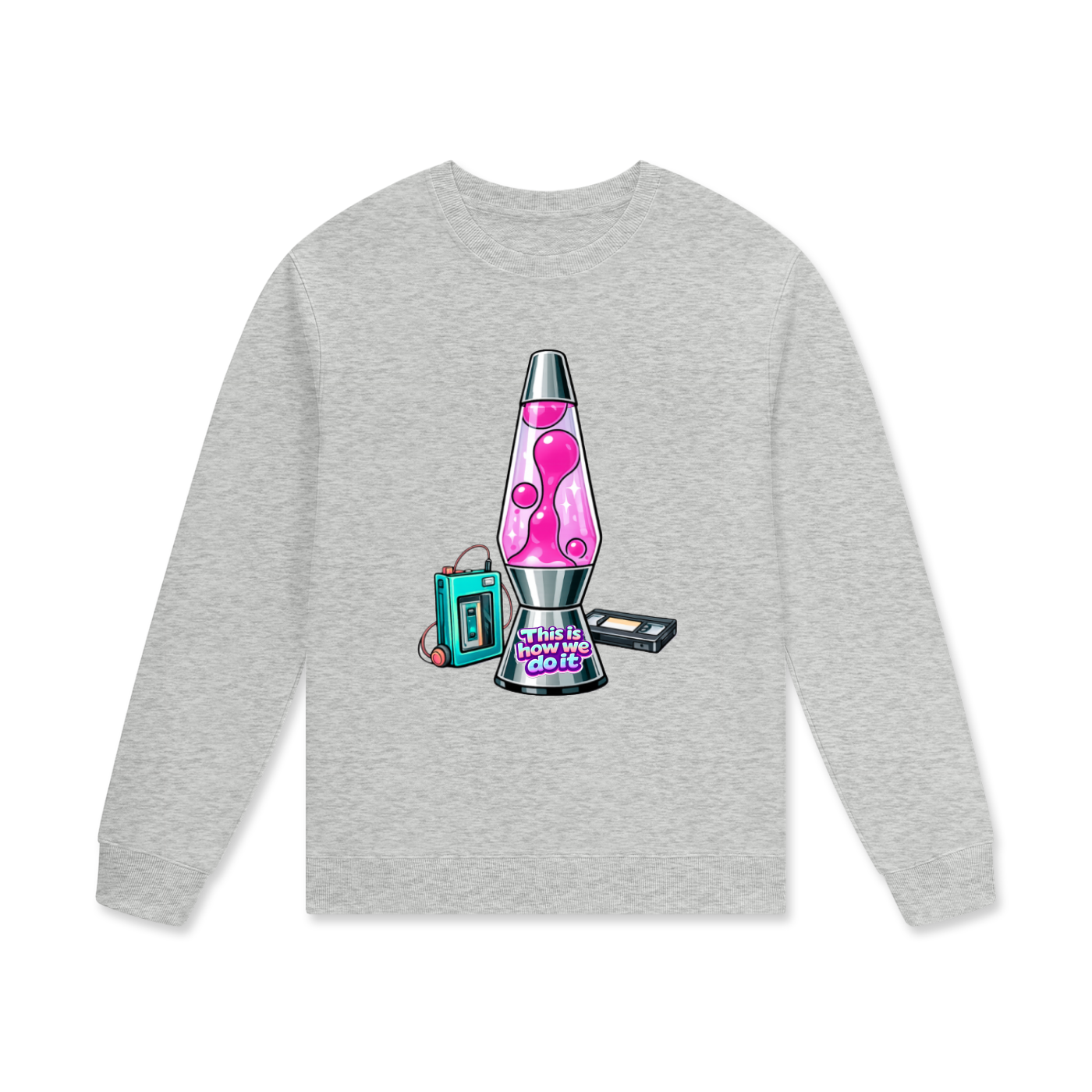 Gray sweatshirt with a colorful lava lamp graphic on a white background