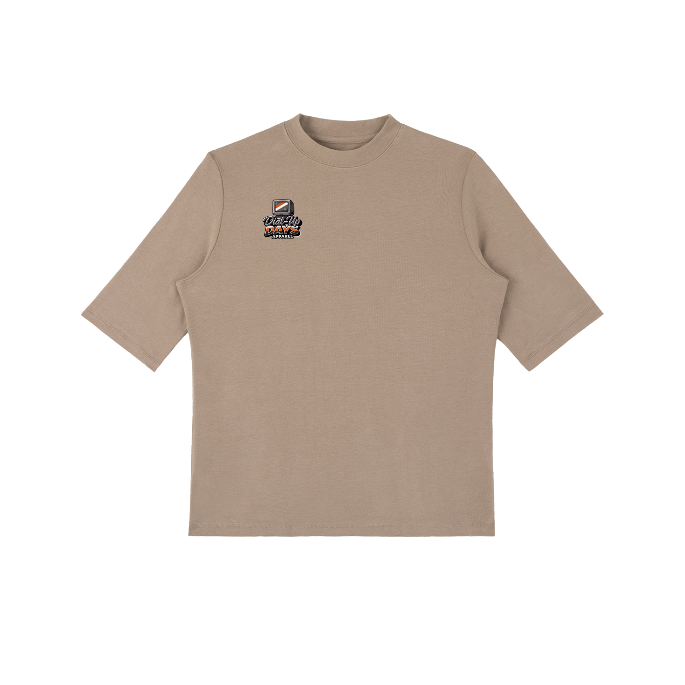 Beige t-shirt with a logo on the chest against a white background