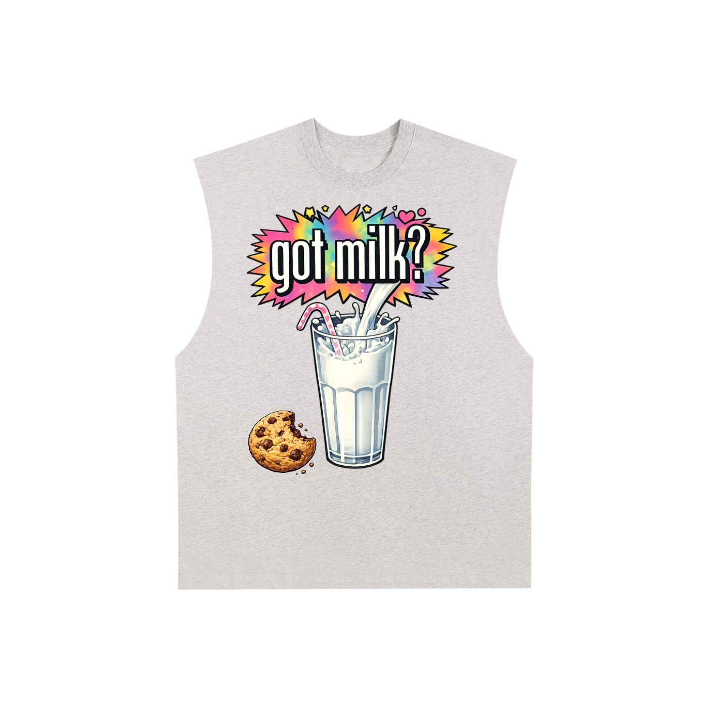 Sleeveless shirt with 'got milk?' graphic and cookie on a white background