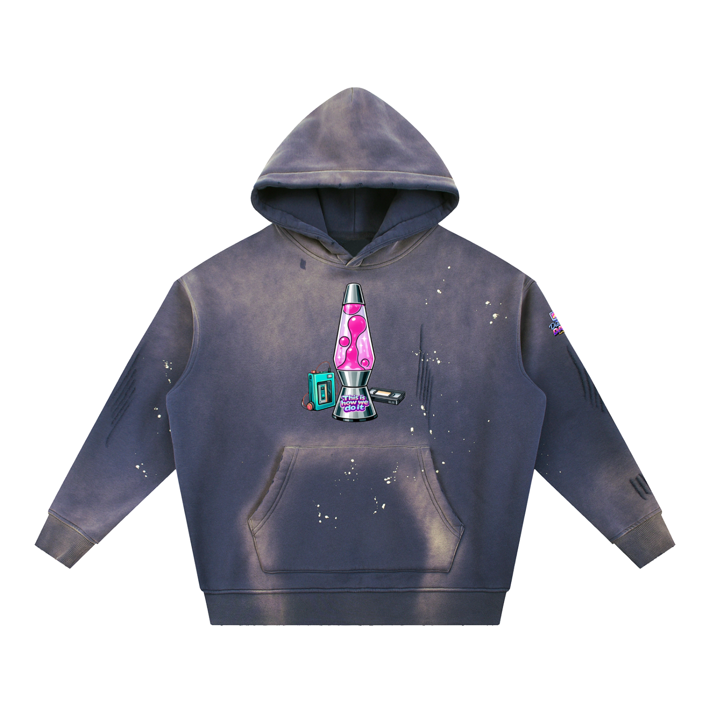 Gray hoodie with a graphic of a lava lamp on a white background