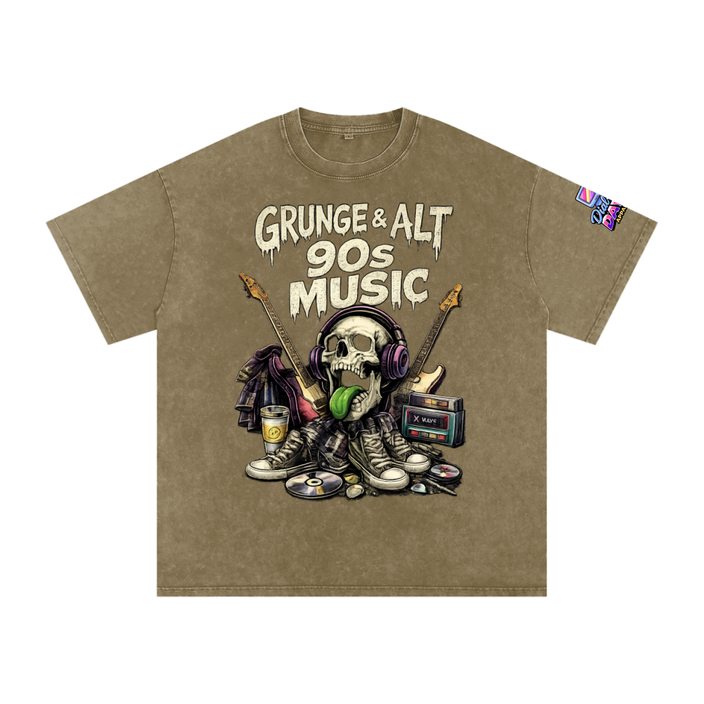 T-shirt with 'Grunge & Alt 90s Music' design featuring a skull, guitars, and music-related items on a beige background.