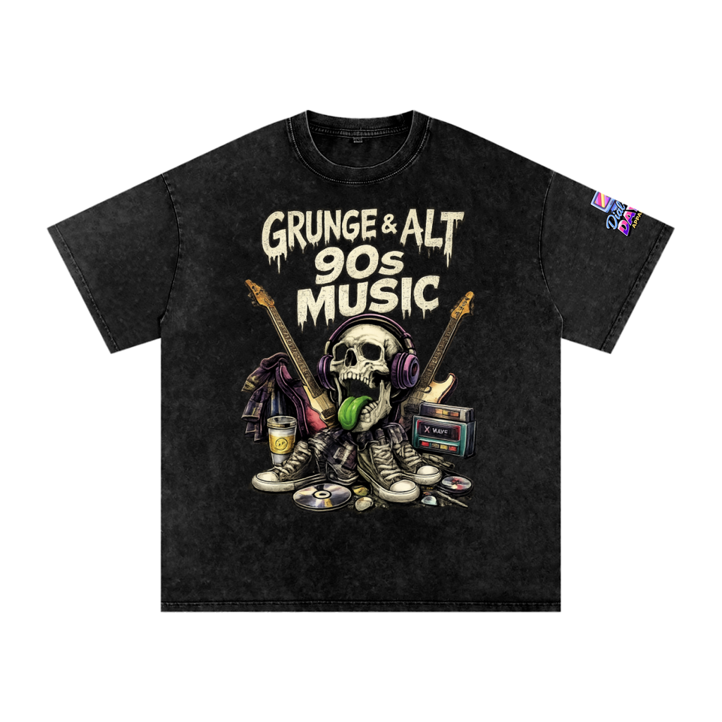 Black t-shirt with a graphic design of a skull, guitars, and text 'Grunge & Alt 90s Music' on a white background.