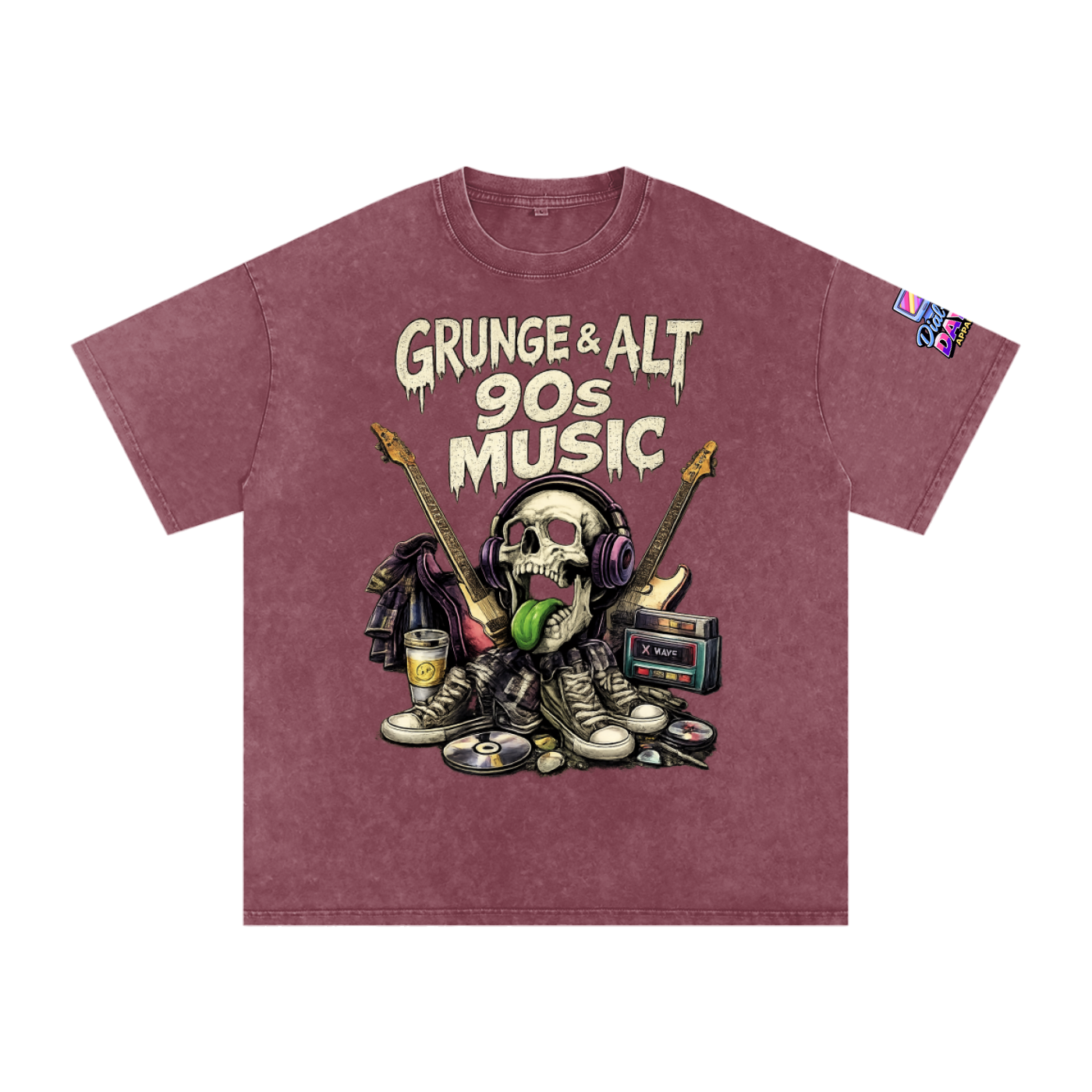 Maroon t-shirt with 'Grunge & Alt 90s Music' graphic design on a white background