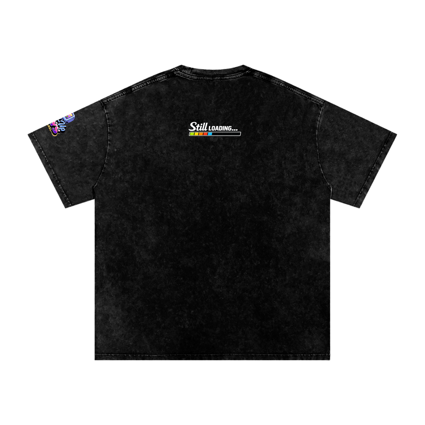 Black t-shirt with 'Still Loading' graphic on a white background