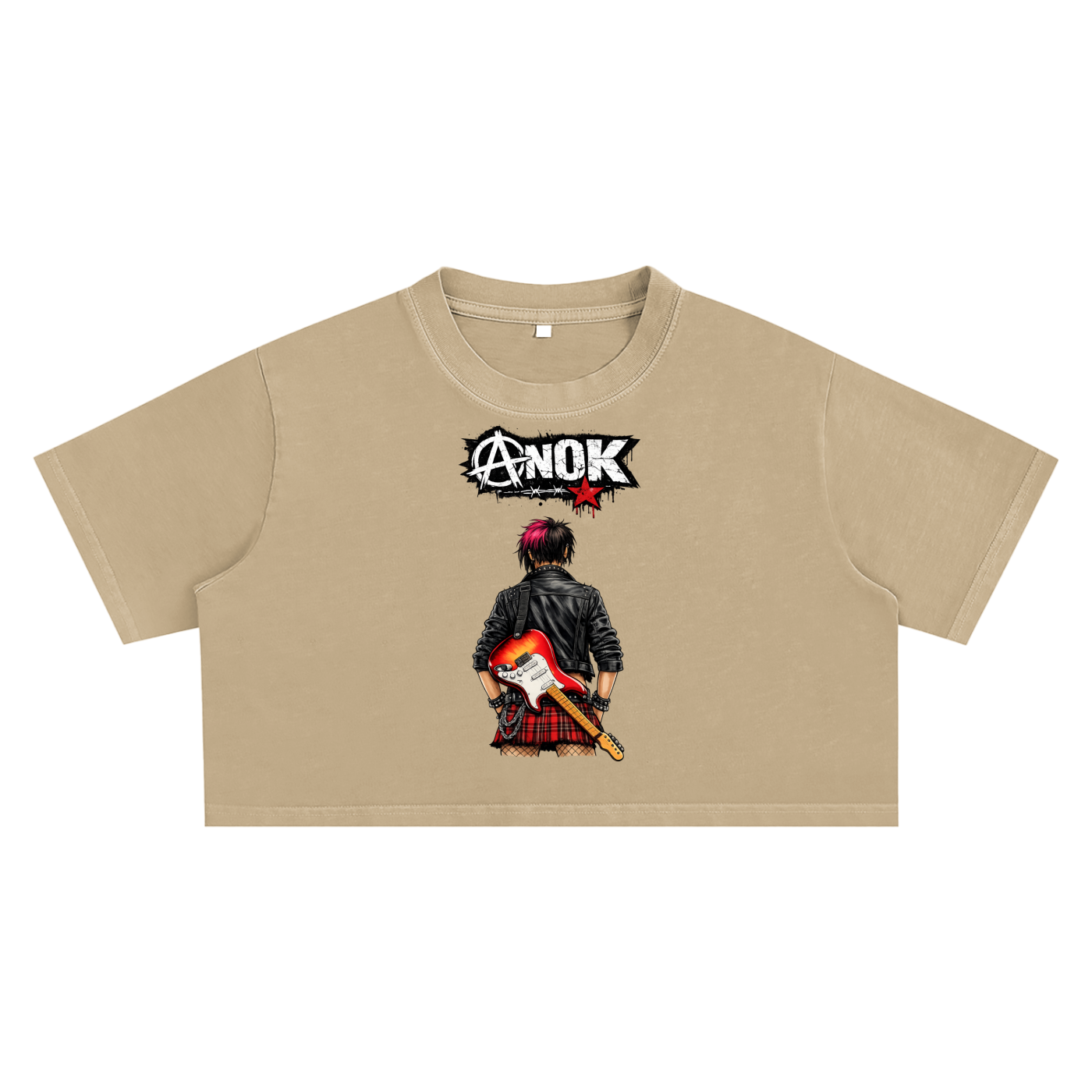 Beige crop top with graphic design of a person playing guitar and 'ANOK' logo on a white background