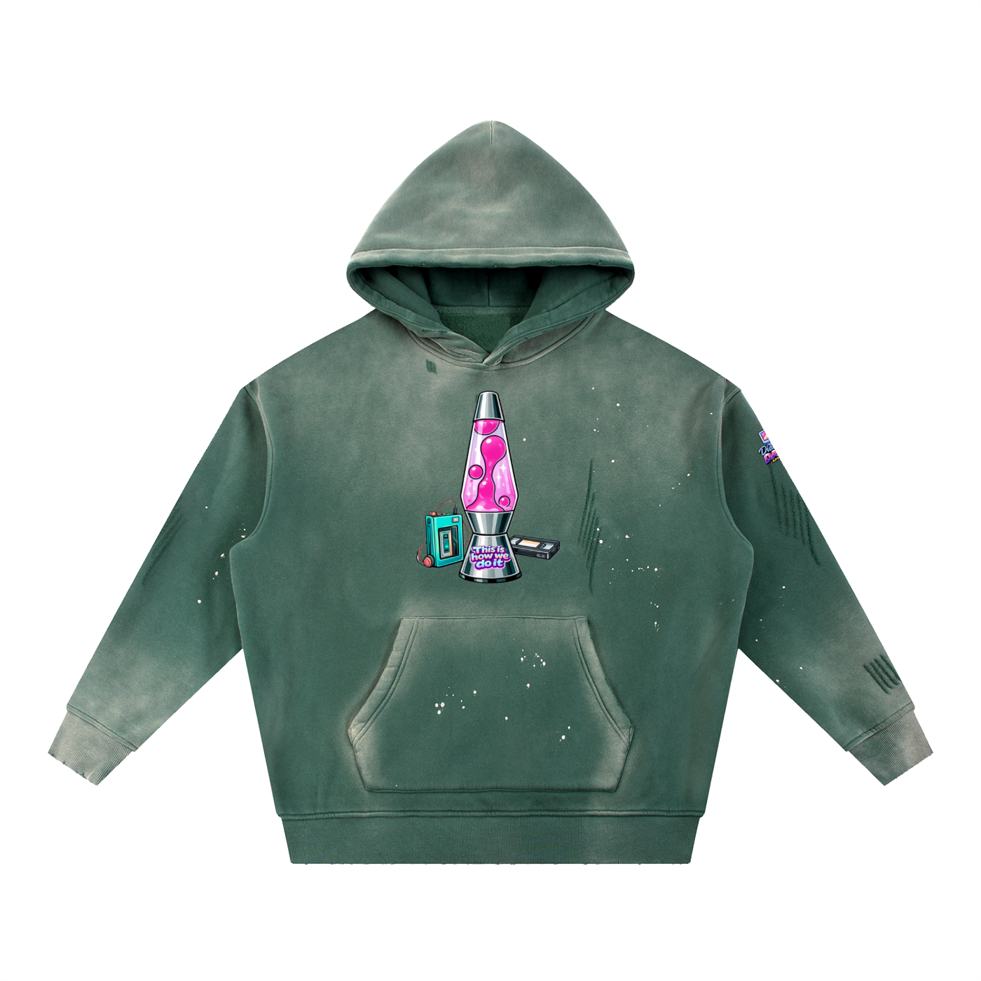 Green hoodie with a lava lamp design on a white background