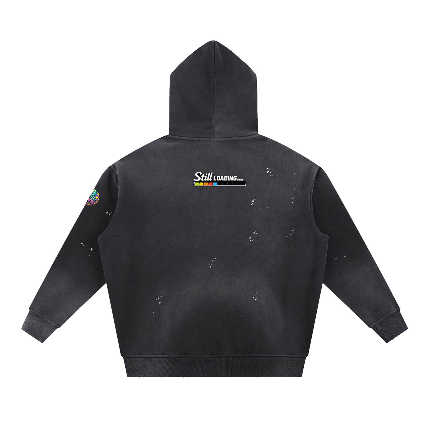 Black hoodie with 'Still Loading' graphic on the back against a white background