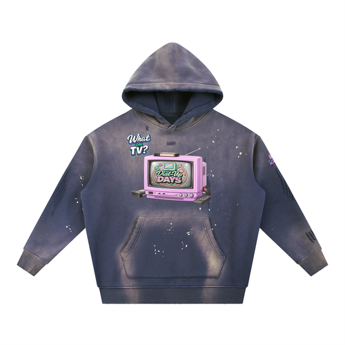 Blue hoodie with a graphic of a TV and text on a white background