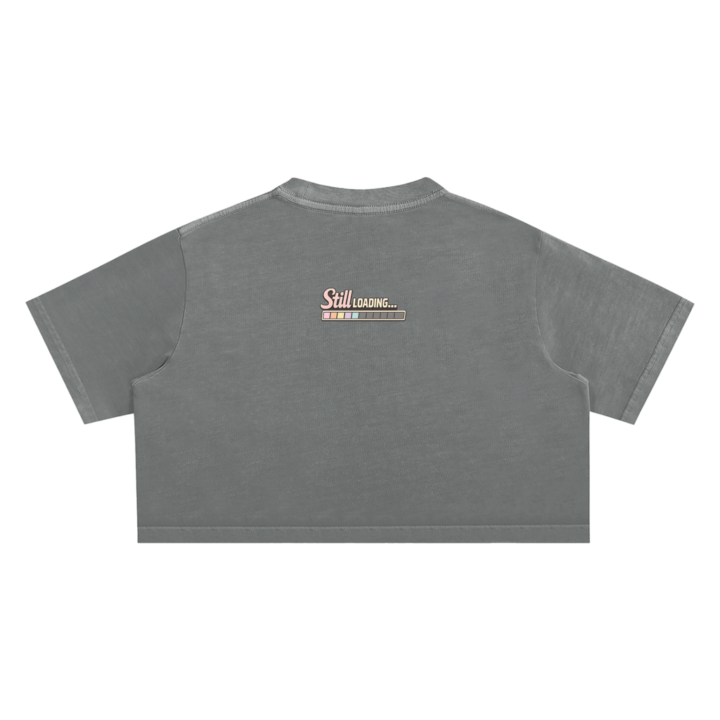 Gray t-shirt with a logo on the back against a white background