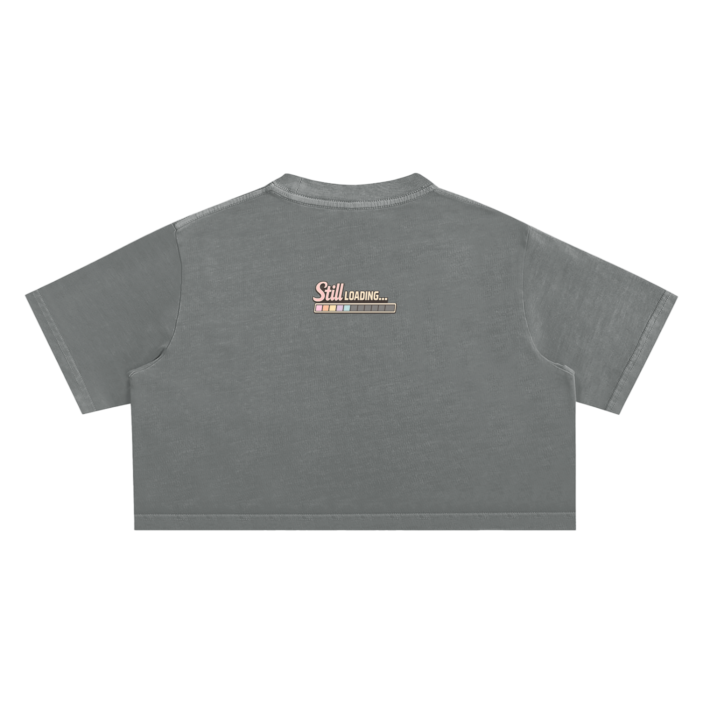 Gray t-shirt with a logo on the back against a white background