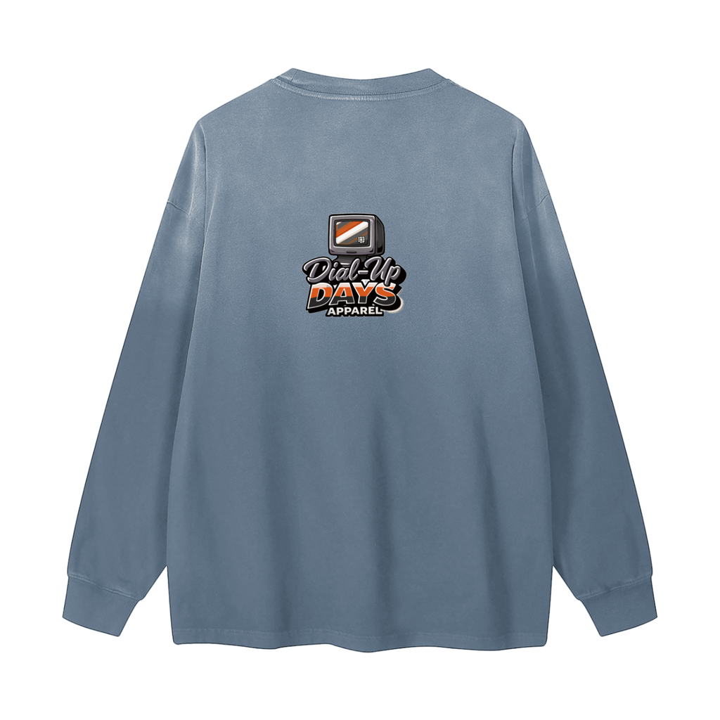 Blue long-sleeve shirt with a logo on the back against a white background