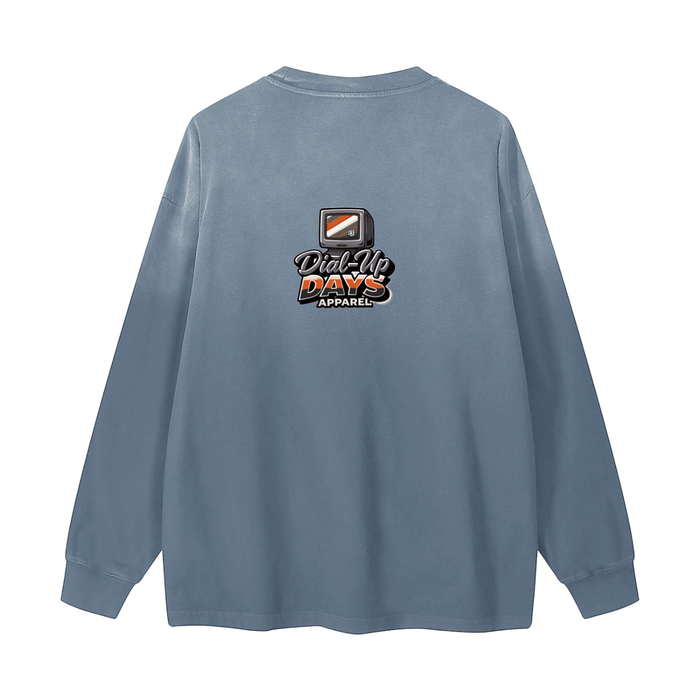 Blue long-sleeve shirt with a logo on the back against a white background