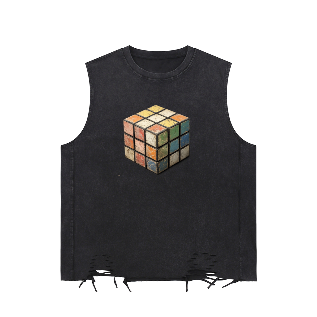 Black sleeveless shirt with a Rubik's Cube design on a white background