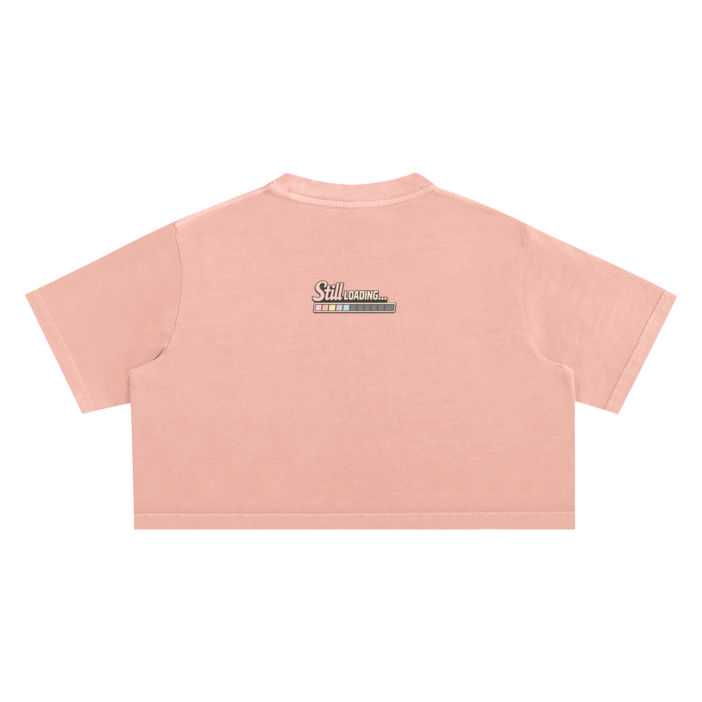 Pink crop top with a logo on the back against a white background