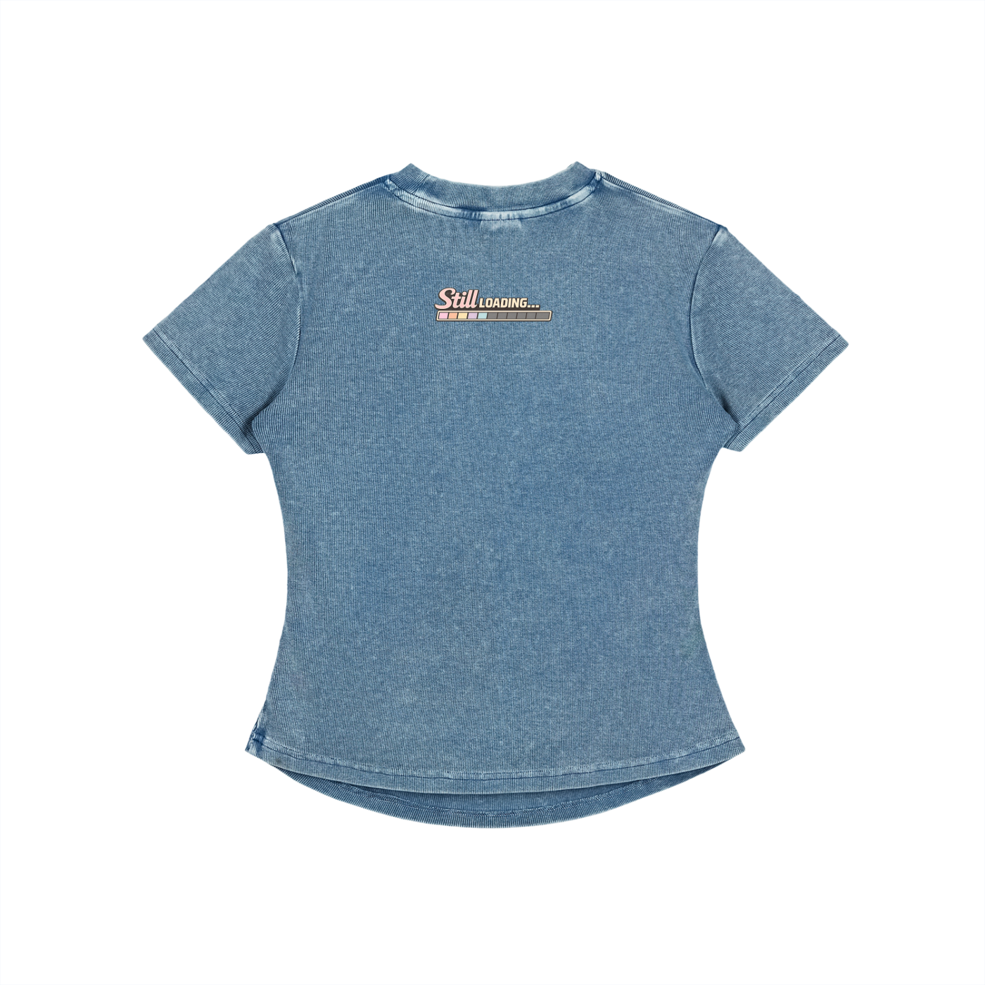 Blue t-shirt with a logo on the chest against a white background