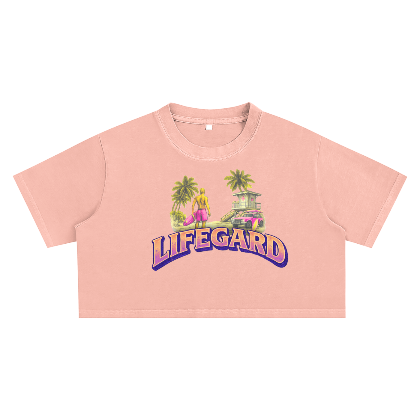 Pink crop top with 'LIFEGARD' graphic design on a white background