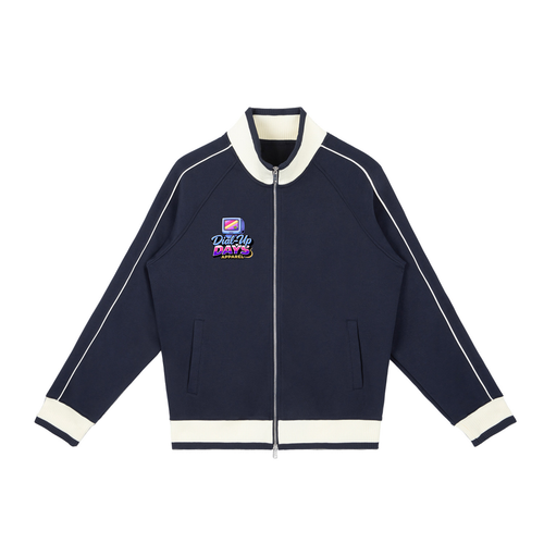 Navy blue jacket with white accents and a logo on a white background