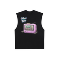 Black sleeveless shirt with a graphic of a vintage TV and text on a white background
