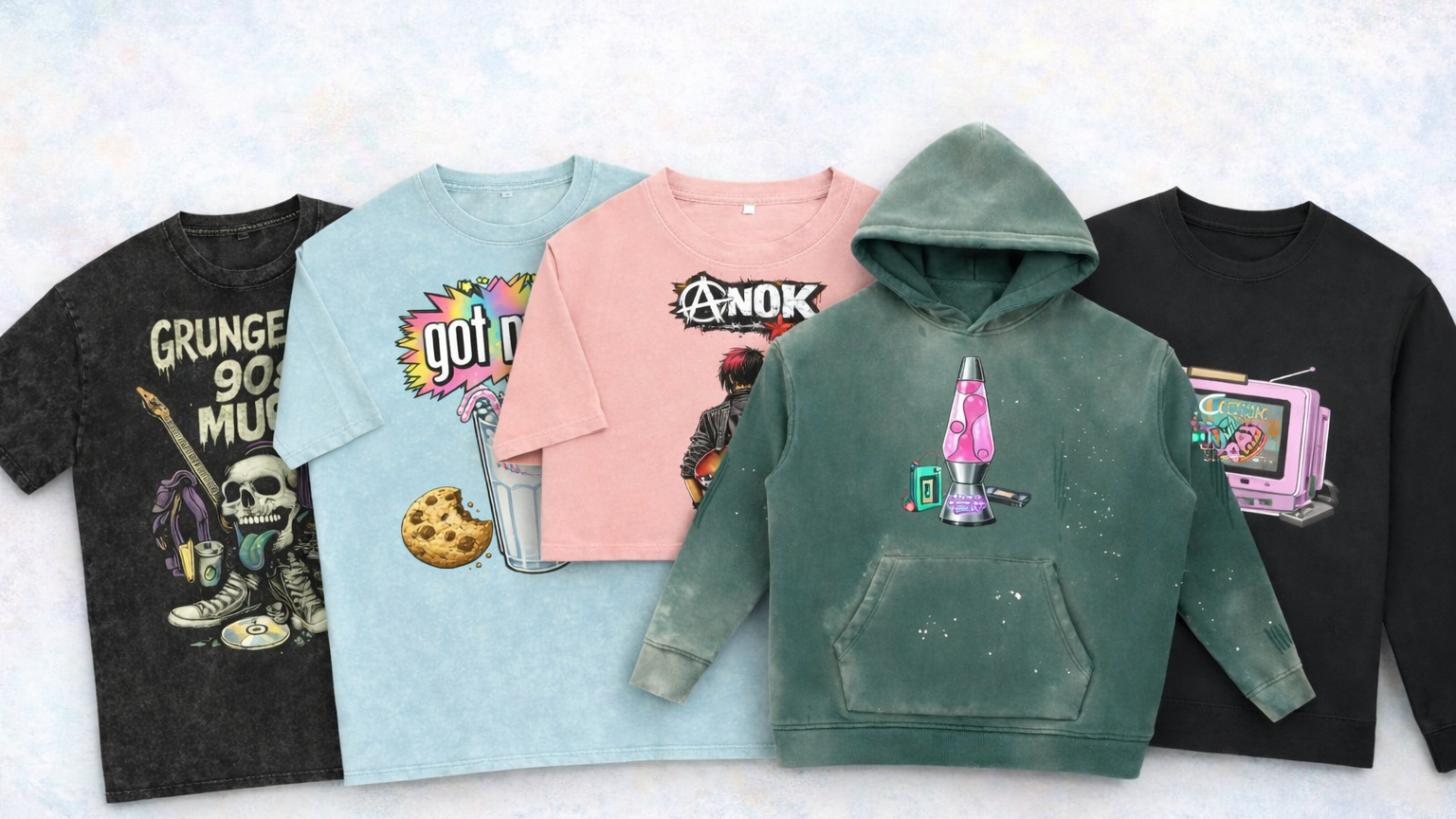 Five different hoodies with various designs on a light gray background