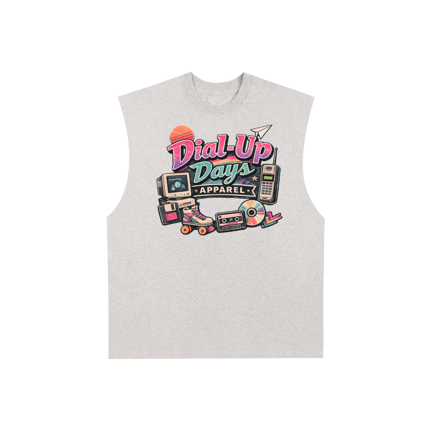 Gray sleeveless shirt with 'Dial-Up Days Apparel' graphic on a white background