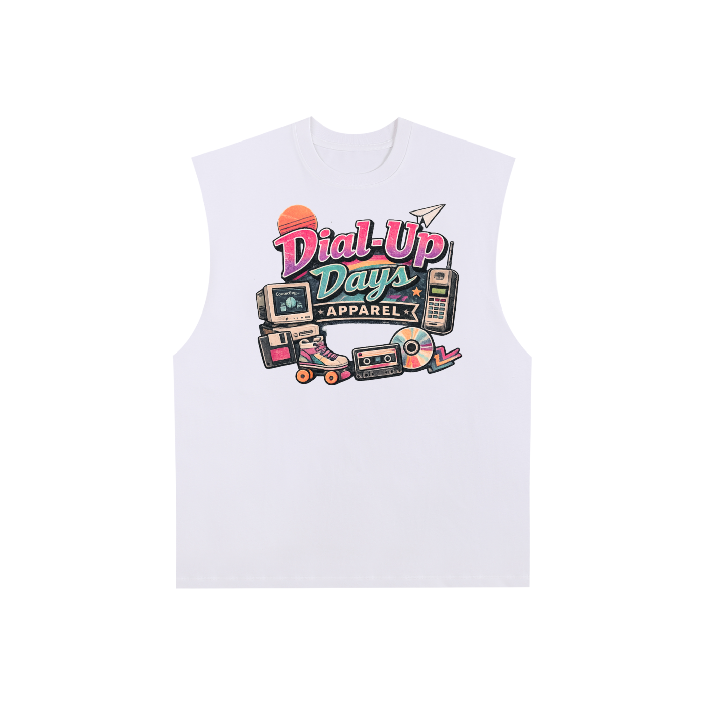 White sleeveless top with 'Dial-Up Days Apparel' graphic design on a white background