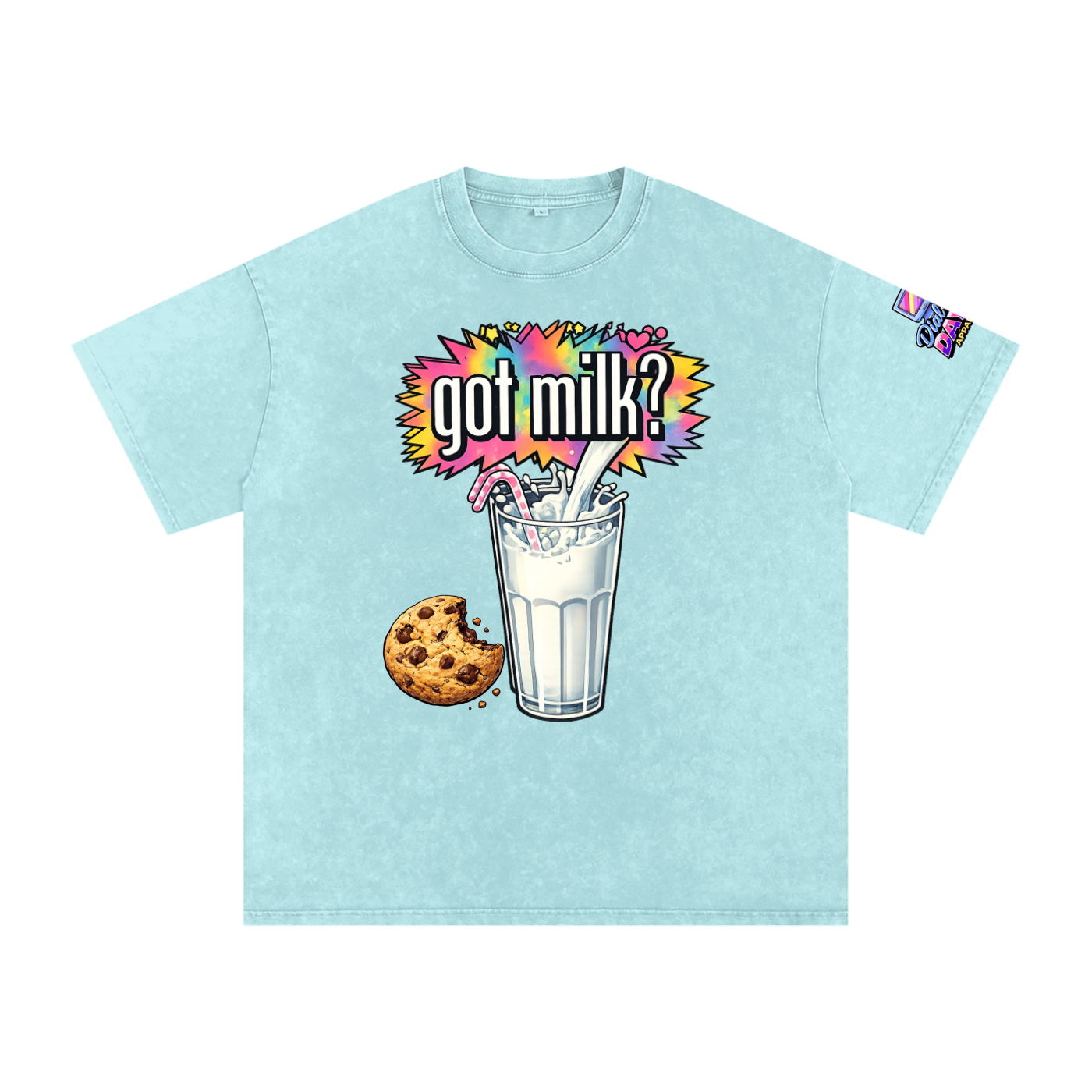 Light blue t-shirt with 'got milk?' graphic featuring a glass of milk and cookie on a white background