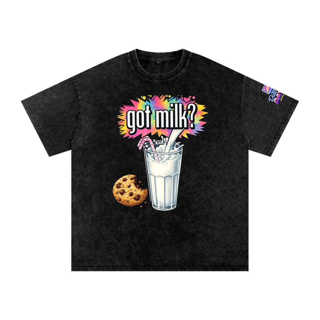 Black t-shirt with 'got milk?' graphic featuring a glass of milk and cookie on a white background