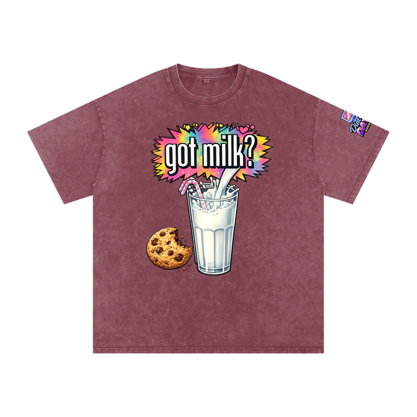 Maroon t-shirt with 'got milk?' graphic featuring a glass of milk and cookie on a white background