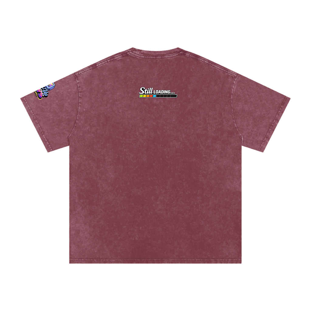 Maroon t-shirt with 'Still Loading...' graphic on a white background