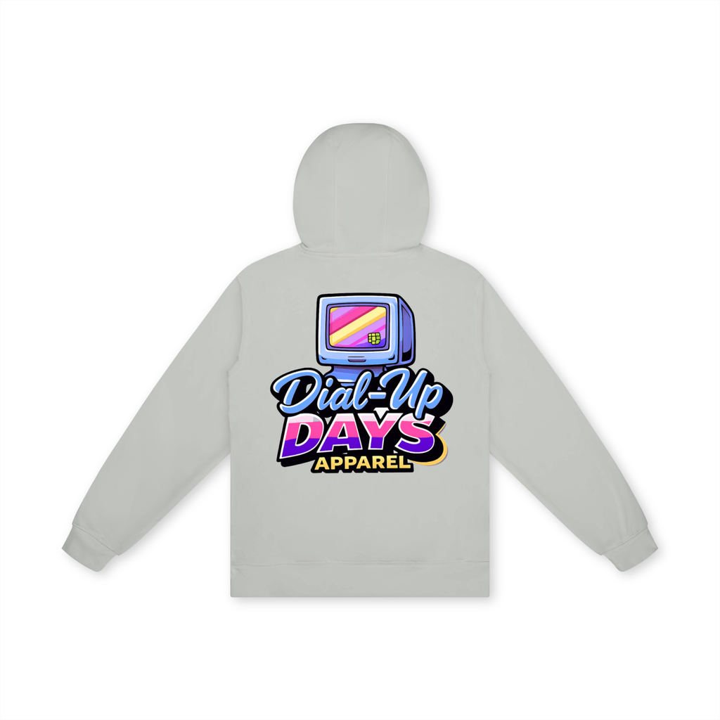 Gray hoodie with 'Dial-Up Days Apparel' logo on a white background