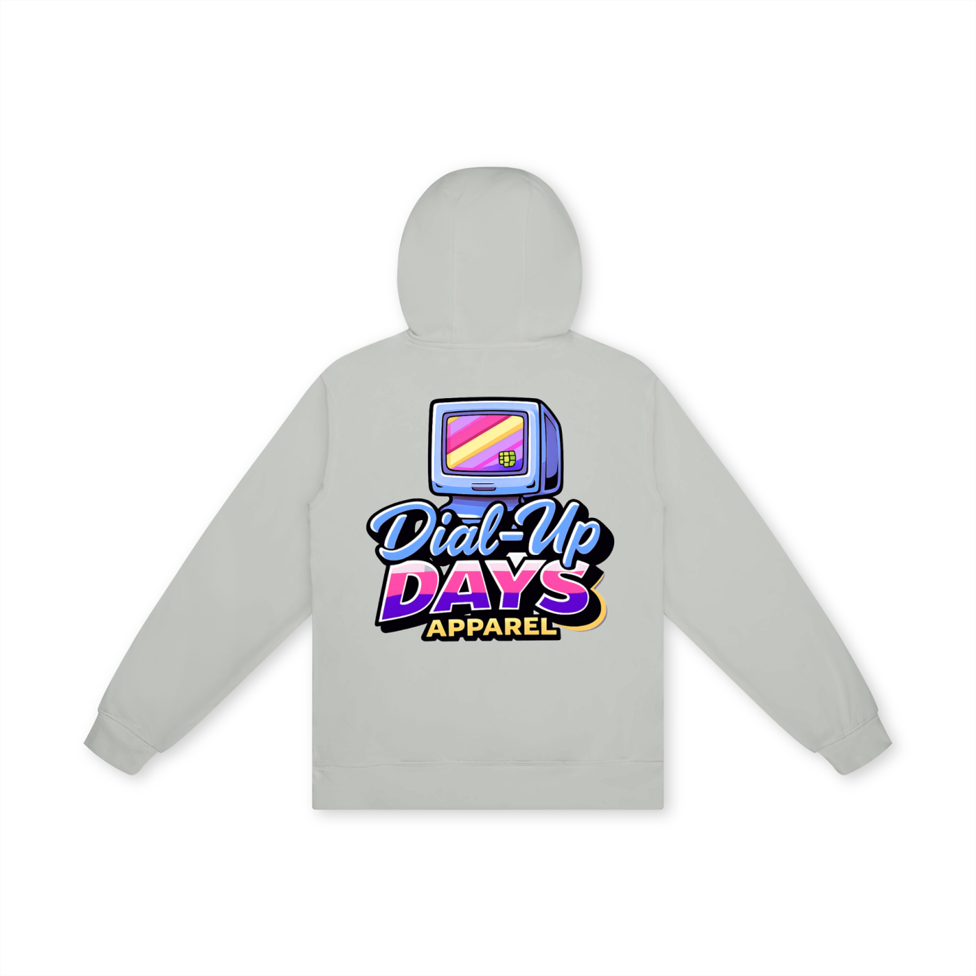 Gray hoodie with 'Dial-Up Days Apparel' logo on a white background