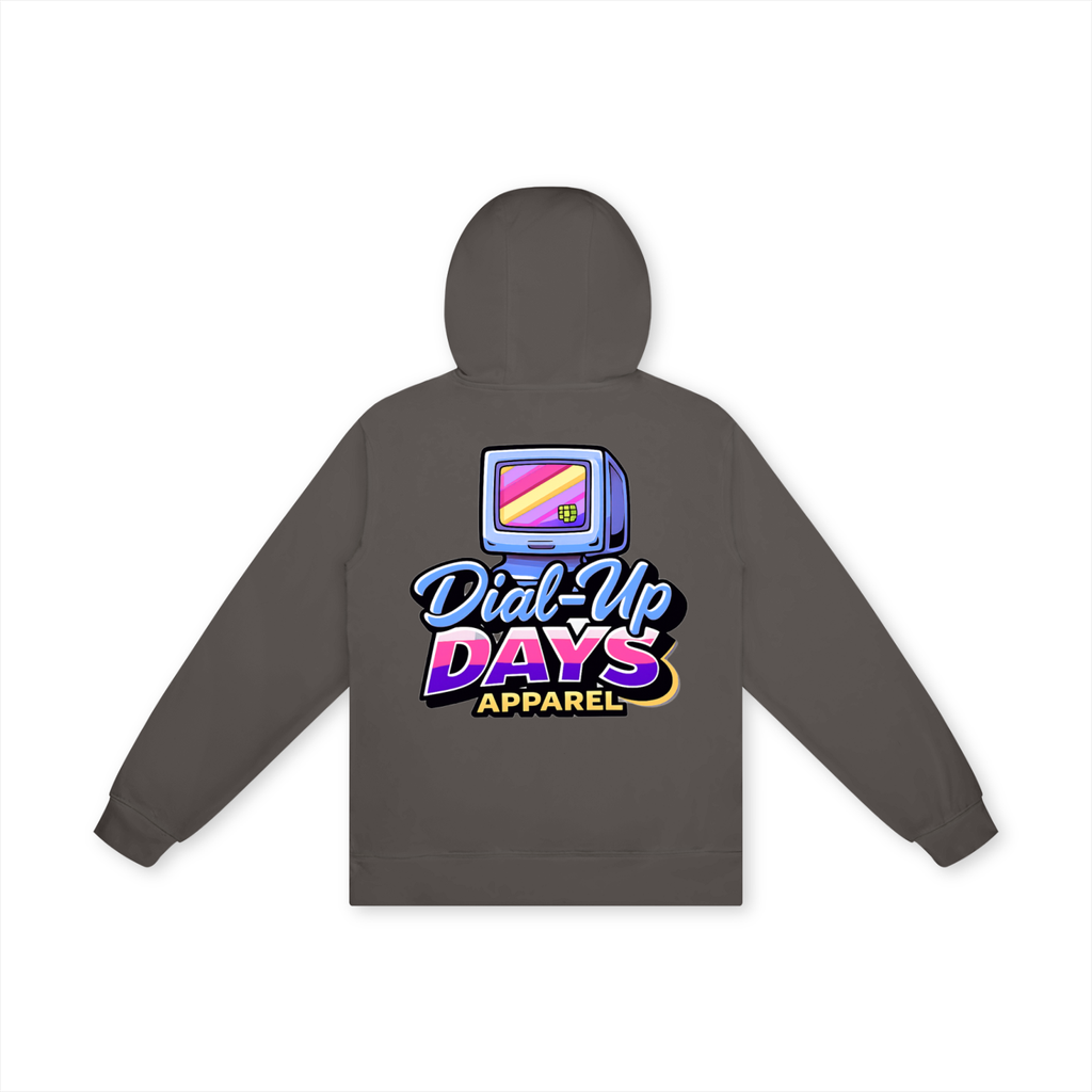 Gray hoodie with 'Dial-Up Days Apparel' logo on the back against a white background