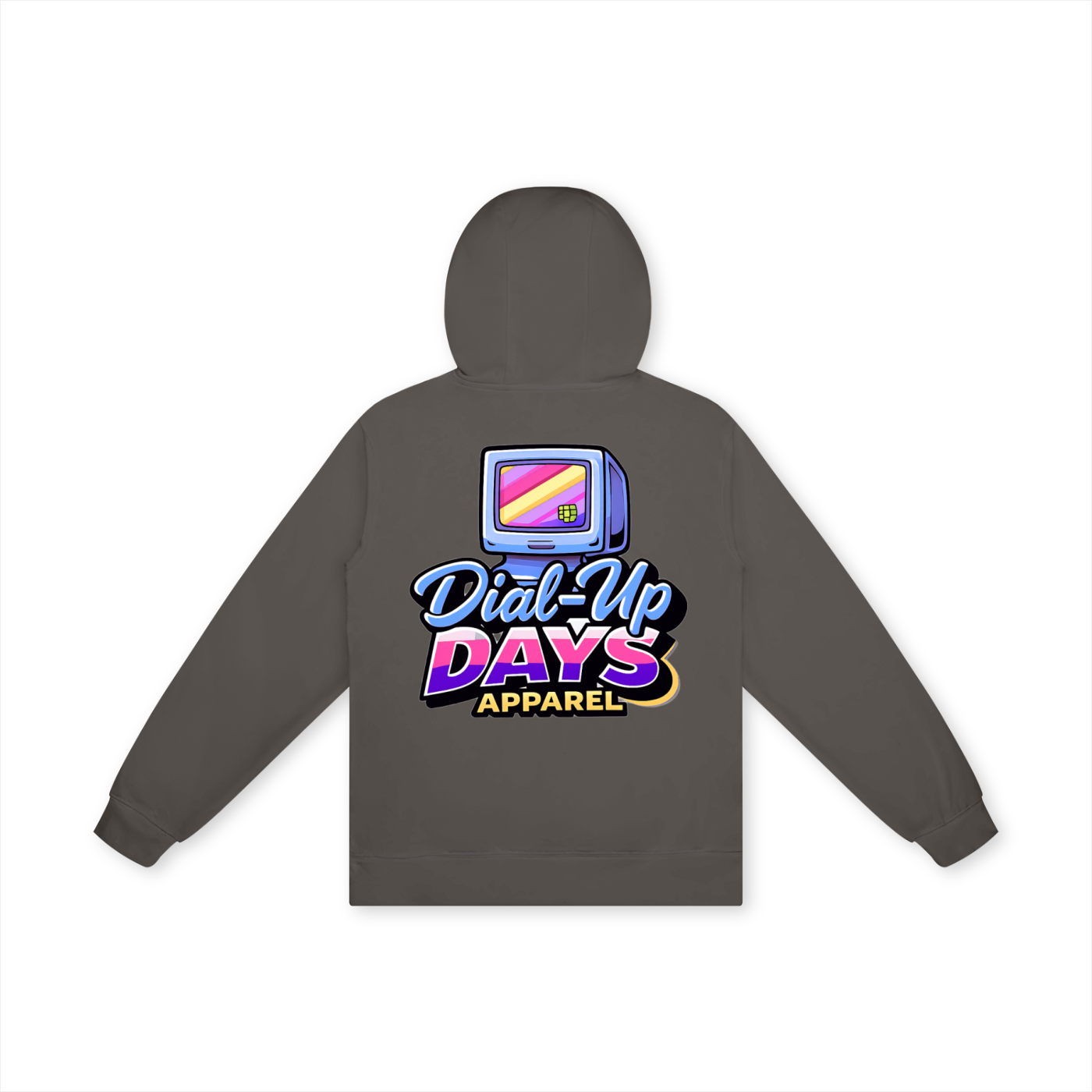 Gray hoodie with 'Dial-Up Days Apparel' logo on the back against a white background