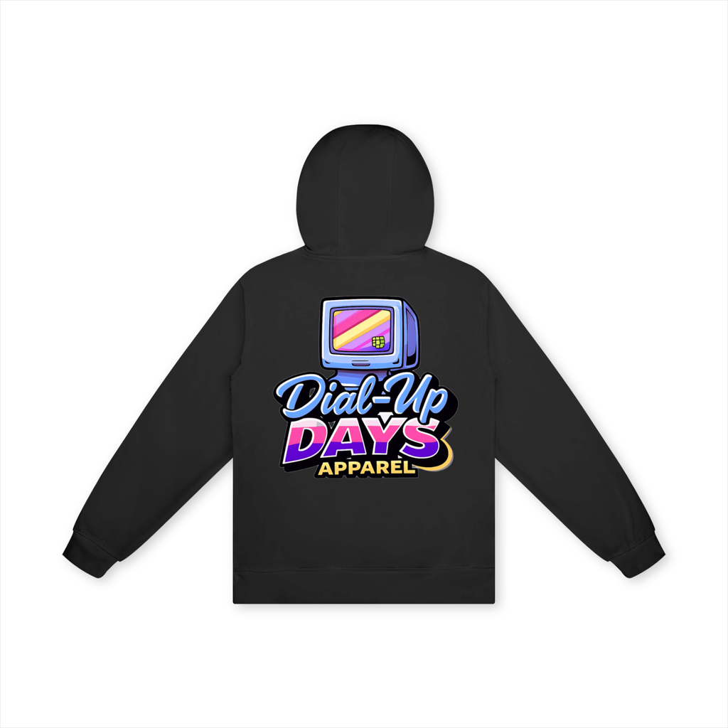 Black hoodie with 'Dial-Up Days Apparel' logo on the back against a white background