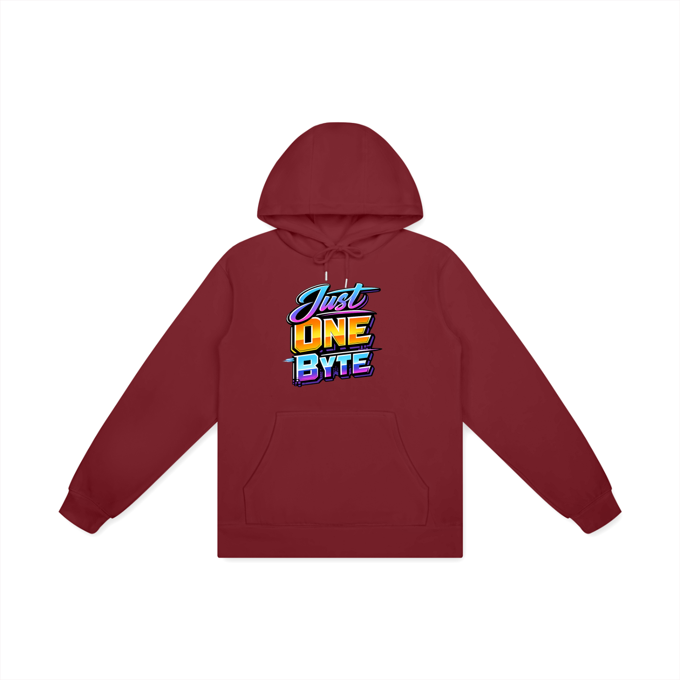 Red hoodie with 'Just One Byte' text on a white background