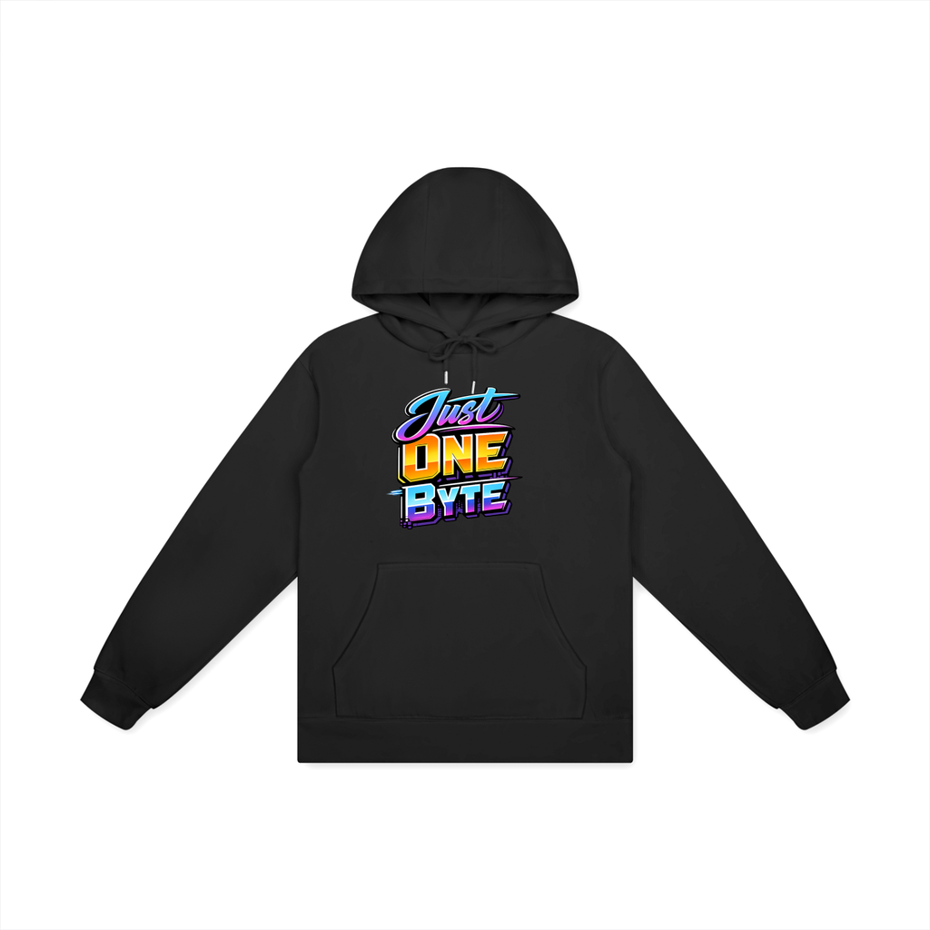 Black hoodie with colorful 'Just One Byte' text on a white background